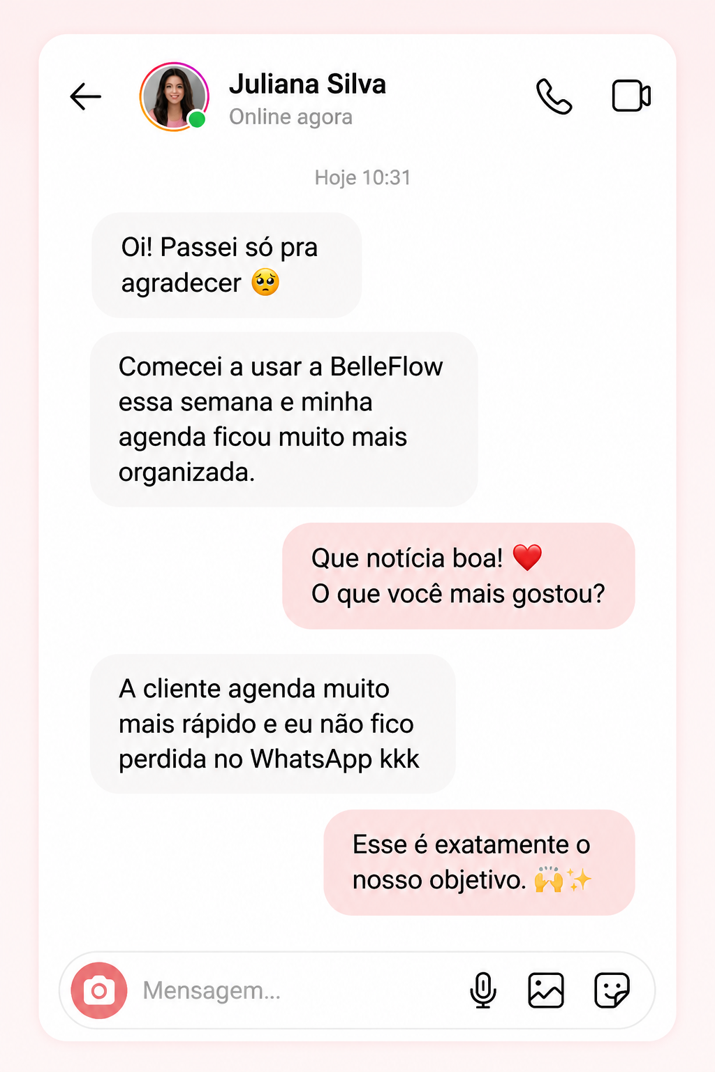 Cliente elogiando a organização da agenda com o BelleFlow