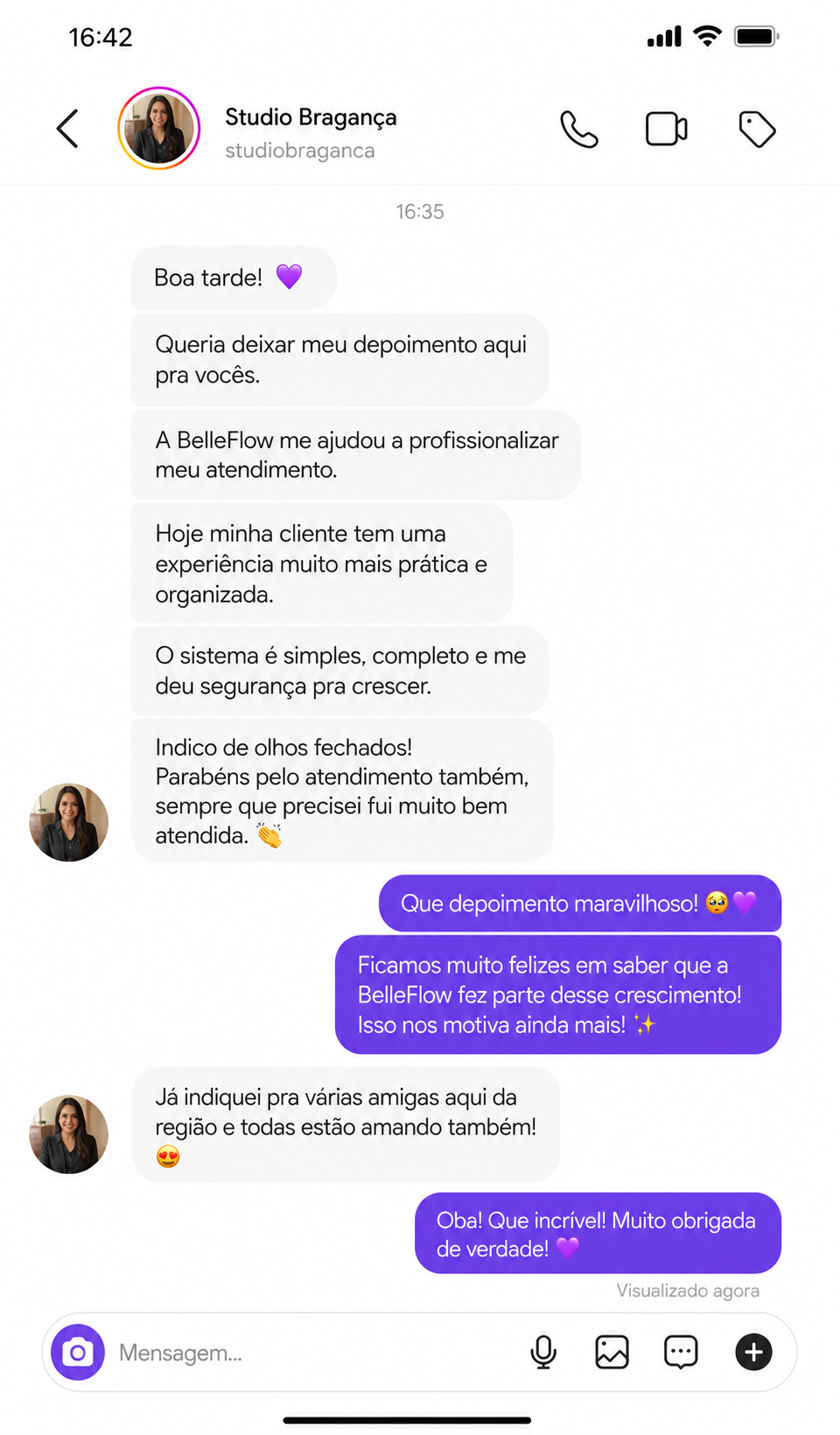 Depoimento sobre lembretes automáticos do BelleFlow